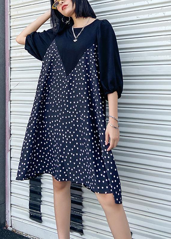 Patchwork Cotton Summer Dress Work Outfits Black Dotted Dress