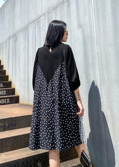 Patchwork Cotton Summer Dress Work Outfits Black Dotted Dress