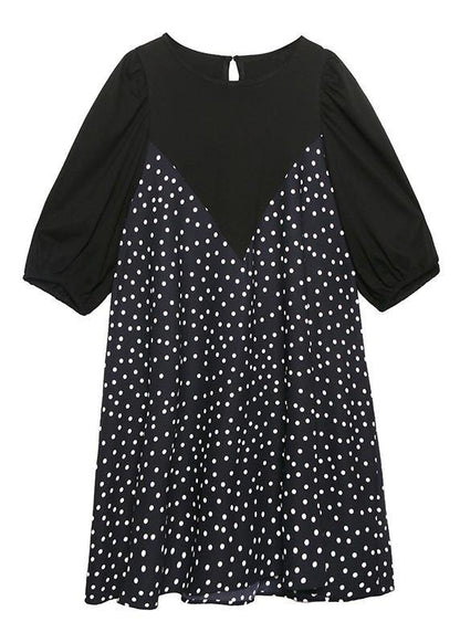 Patchwork Cotton Summer Dress Work Outfits Black Dotted Dress