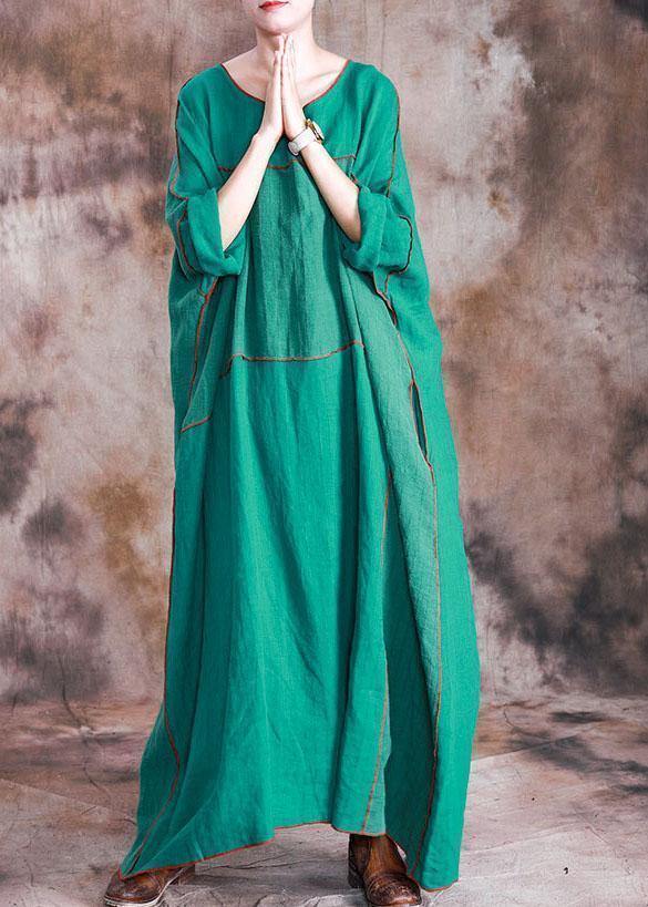 Patchwork Linen Dresses Shirts Green Batwing Sleeve Dresses Fall