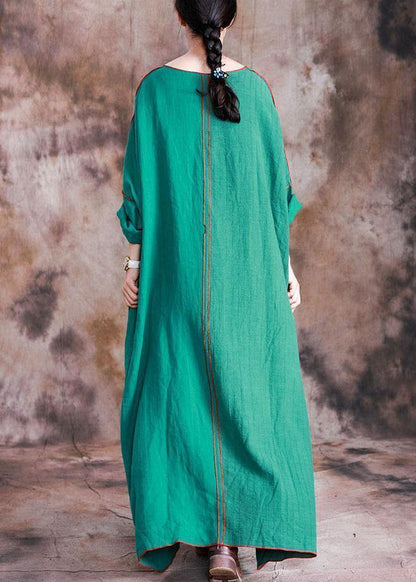 Patchwork Linen Dresses Shirts Green Batwing Sleeve Dresses Fall