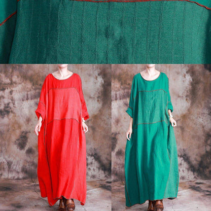 Patchwork Linen Dresses Shirts Green Batwing Sleeve Dresses Fall