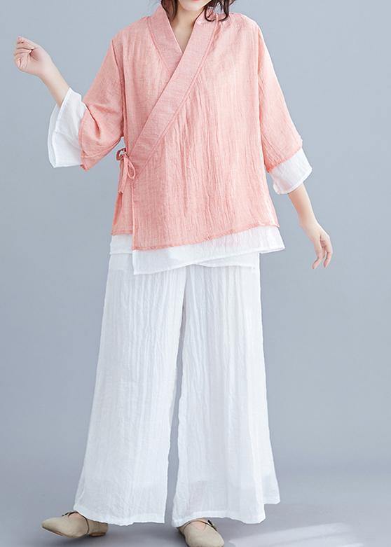 Pink Cotton Shirts Wardrobes V Neck Half Sleeve Summer Blouse