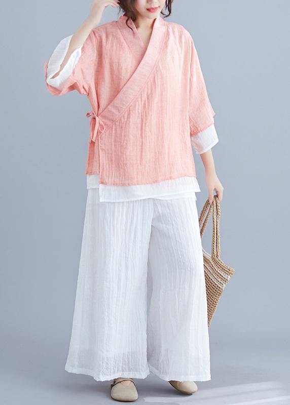 Pink Cotton Shirts Wardrobes V Neck Half Sleeve Summer Blouse