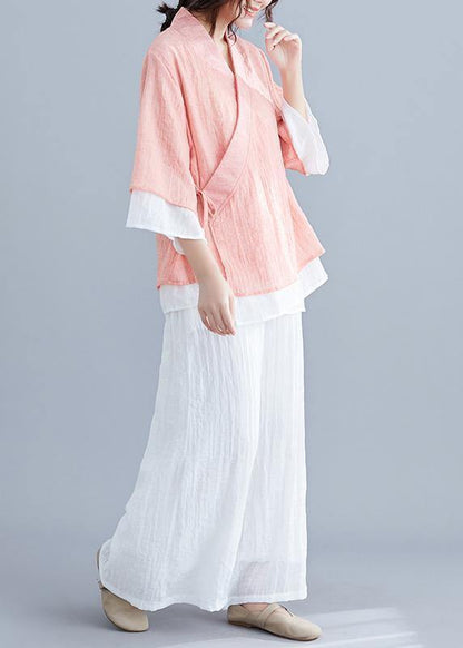 Pink Cotton Shirts Wardrobes V Neck Half Sleeve Summer Blouse
