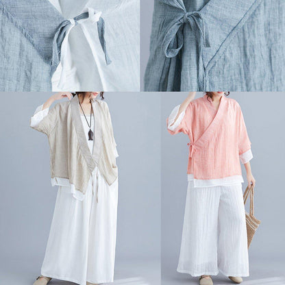 Pink Cotton Shirts Wardrobes V Neck Half Sleeve Summer Blouse