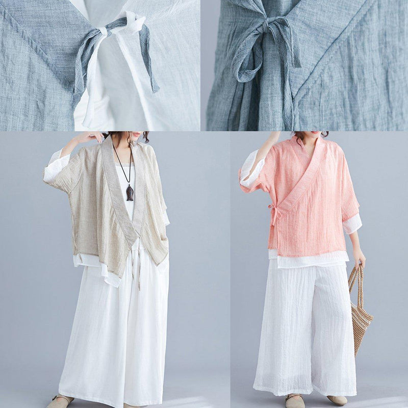 Pink Cotton Shirts Wardrobes V Neck Half Sleeve Summer Blouse
