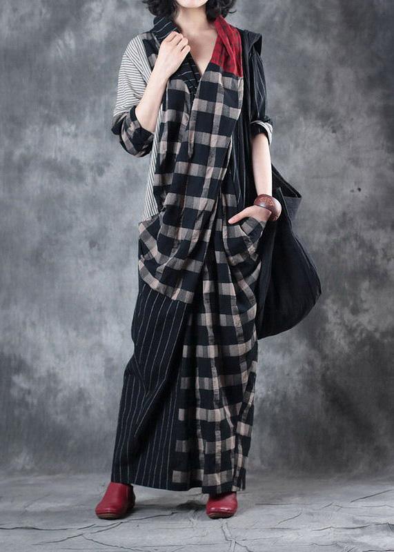Plaid Patchwork Striped Linen Clothes Asymmetric Dresses V Neck Dresses