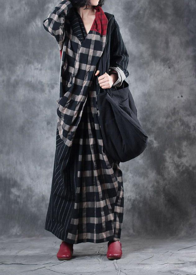 Plaid Patchwork Striped Linen Clothes Asymmetric Dresses V Neck Dresses
