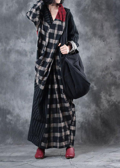 Plaid Patchwork Striped Linen Clothes Asymmetric Dresses V Neck Dresses