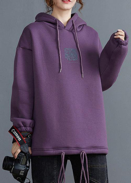 Beautiful purple tunic top hooded drawstring blouses