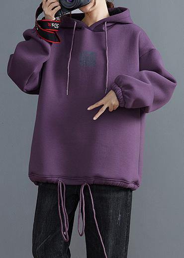 Purple Tunic Top Hooded Drawstring Blouses
