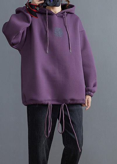 Purple Tunic Top Hooded Drawstring Blouses