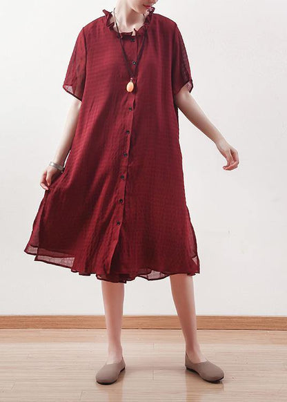 Red Chiffon Clothes Ruffles Collar Short Summer Shirt Dress