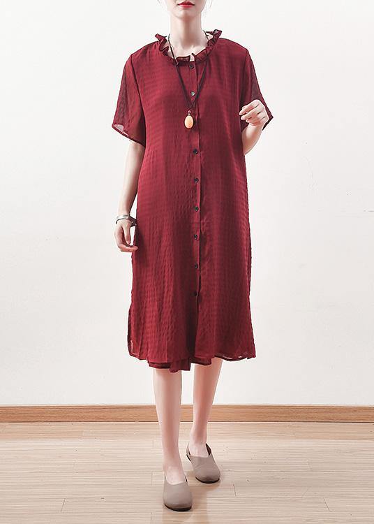Red Chiffon Clothes Ruffles Collar Short Summer Shirt Dress