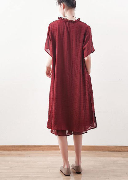 Red Chiffon Clothes Ruffles Collar Short Summer Shirt Dress