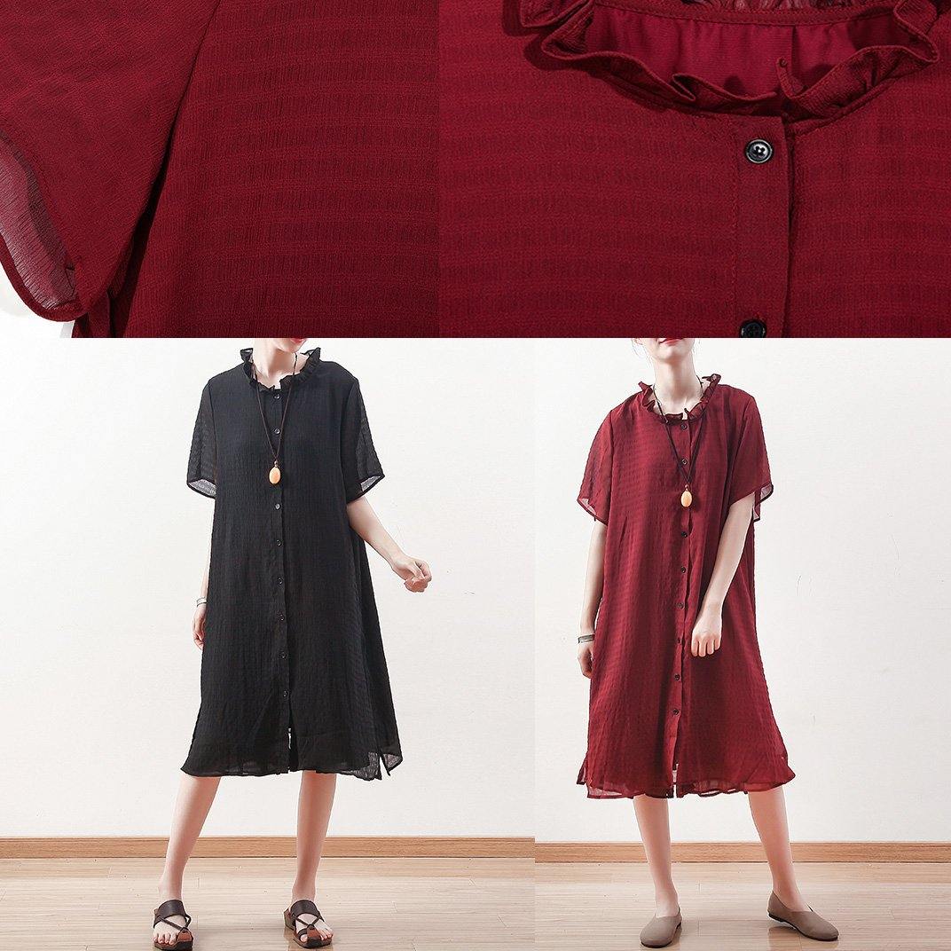 Red Chiffon Clothes Ruffles Collar Short Summer Shirt Dress