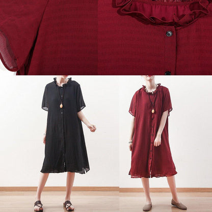 Red Chiffon Clothes Ruffles Collar Short Summer Shirt Dress