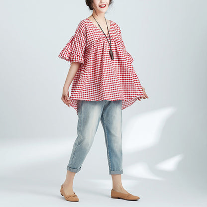 Red Plaid Linen Clothes for Ideas V Neck Butterfly Sleeve Blouses