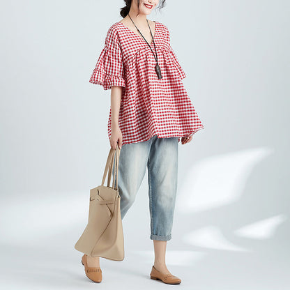 Red Plaid Linen Clothes for Ideas V Neck Butterfly Sleeve Blouses