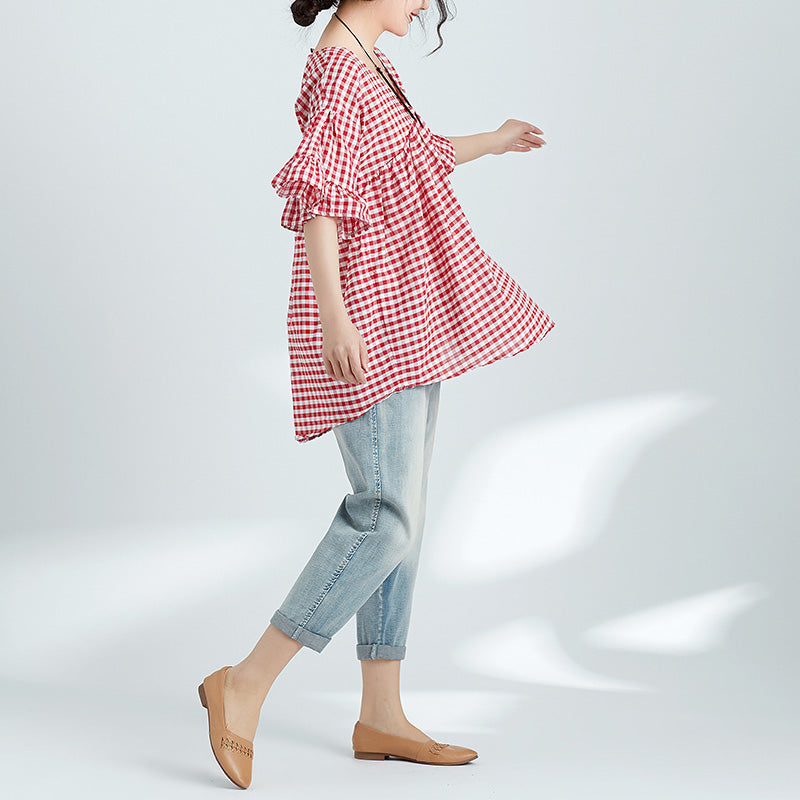 Red Plaid Linen Clothes for Ideas V Neck Butterfly Sleeve Blouses