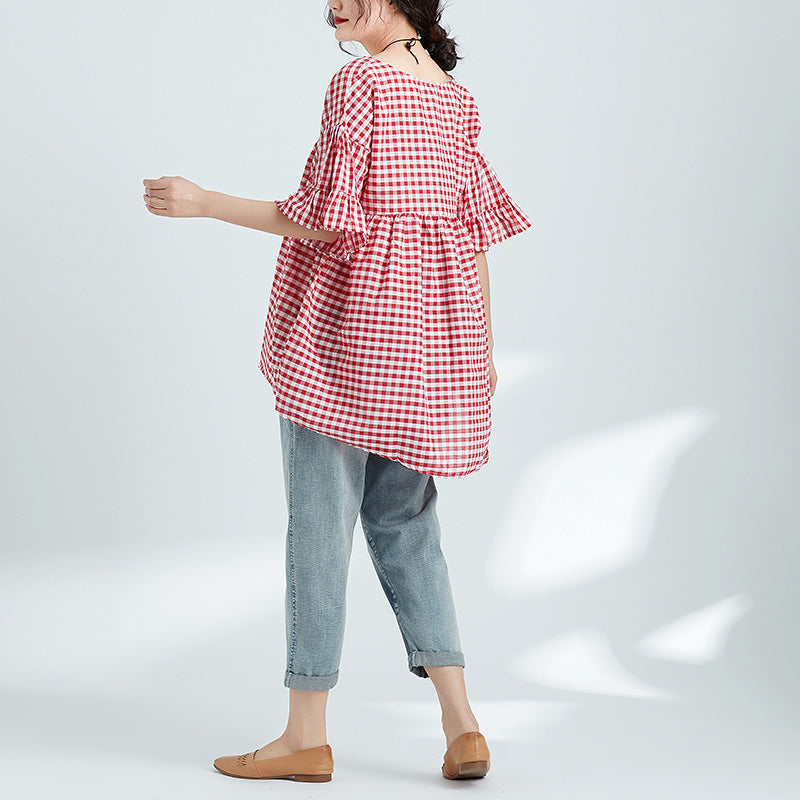 Red Plaid Linen Clothes for Ideas V Neck Butterfly Sleeve Blouses