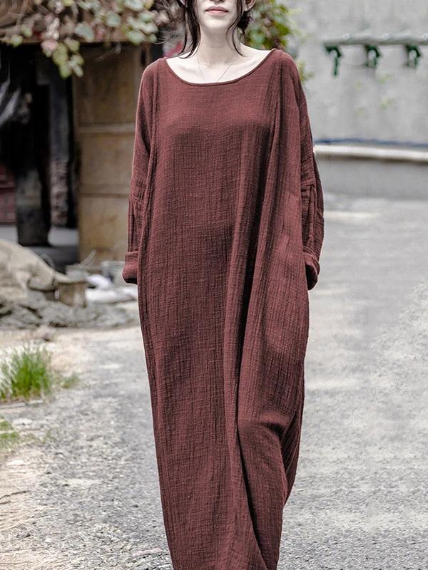 Red Linen Long Shirts O Neck Pockets Maxi Dresses