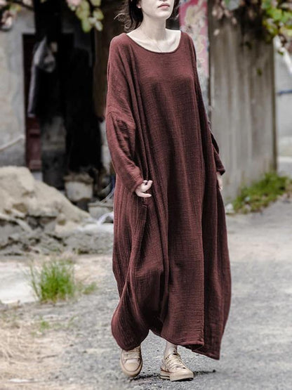 Red Linen Long Shirts O Neck Pockets Maxi Dresses