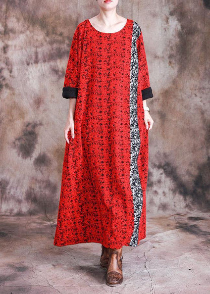 Red Print Cotton Quilting Dresses O Neck Long Sleeve Robes Fall Dresses