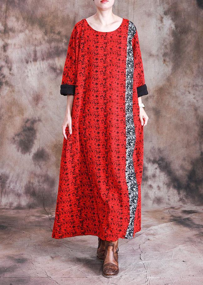 Red Print Cotton Quilting Dresses O Neck Long Sleeve Robes Fall Dresses