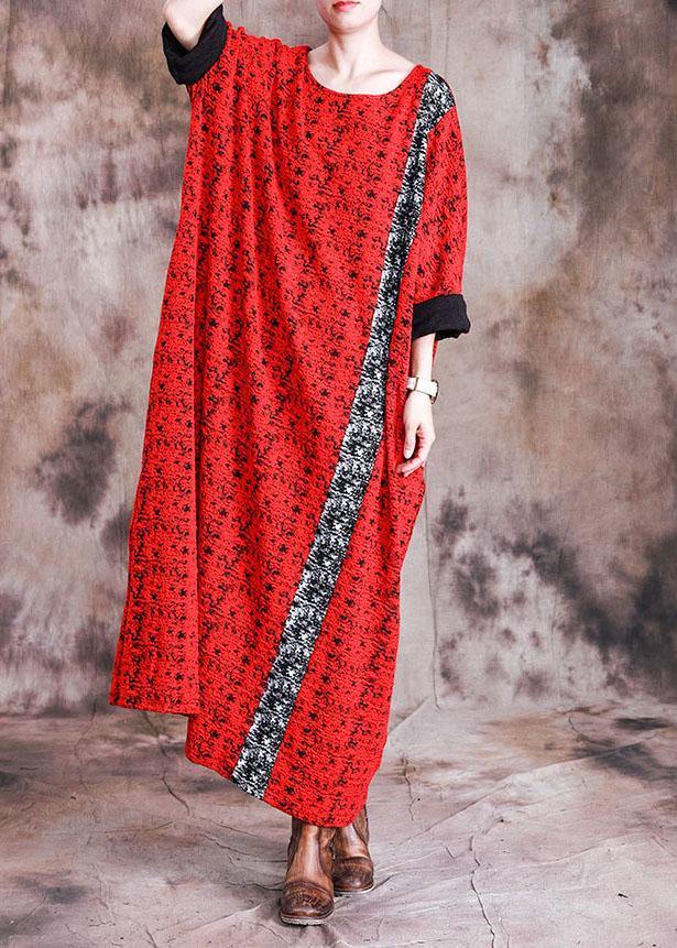 Red Print Cotton Quilting Dresses O Neck Long Sleeve Robes Fall Dresses