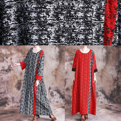 Red Print Cotton Quilting Dresses O Neck Long Sleeve Robes Fall Dresses