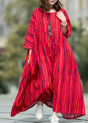 Red Striped Linen Cotton Robes O Neck Large Hem Traveling Summer Dresses