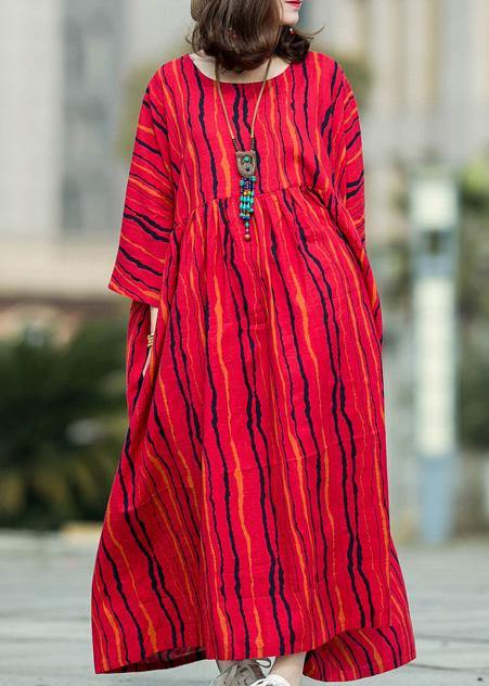 Red Striped Linen Cotton Robes O Neck Large Hem Traveling Summer Dresses