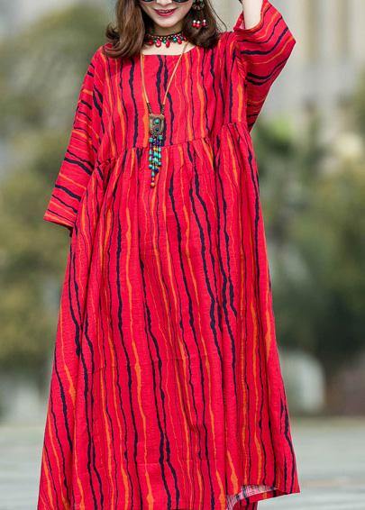 Red Striped Linen Cotton Robes O Neck Large Hem Traveling Summer Dresses