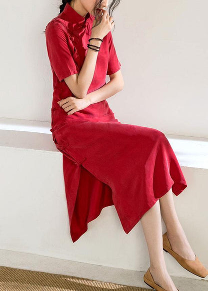 Red Tunics for Stand Collar Chinese Button Kaftan Summer Dress