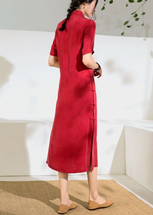 Red Tunics for Stand Collar Chinese Button Kaftan Summer Dress