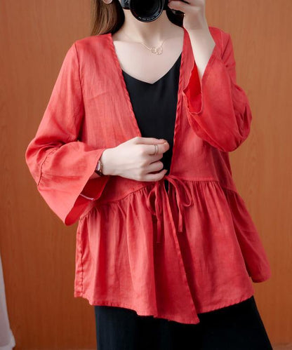 Red Tunics for V Neck Ruffles Loose Summer Blouses