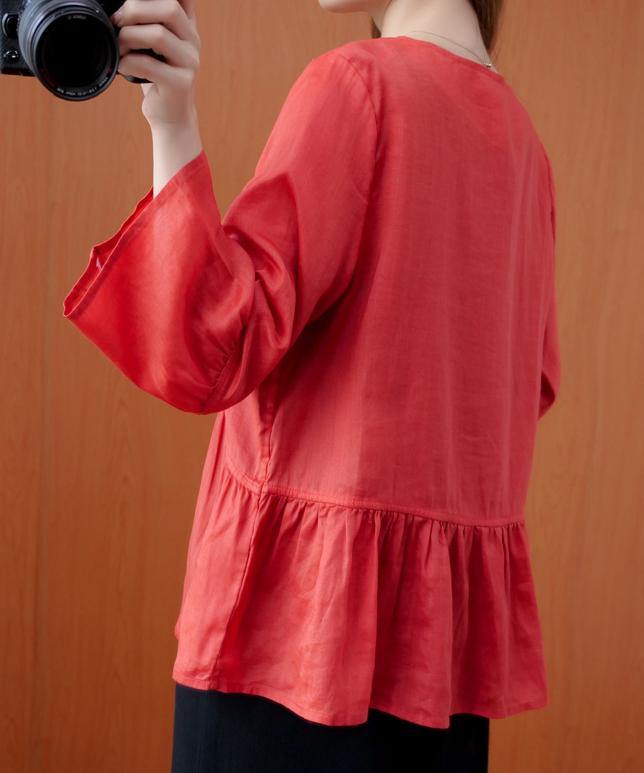 Red Tunics for V Neck Ruffles Loose Summer Blouses