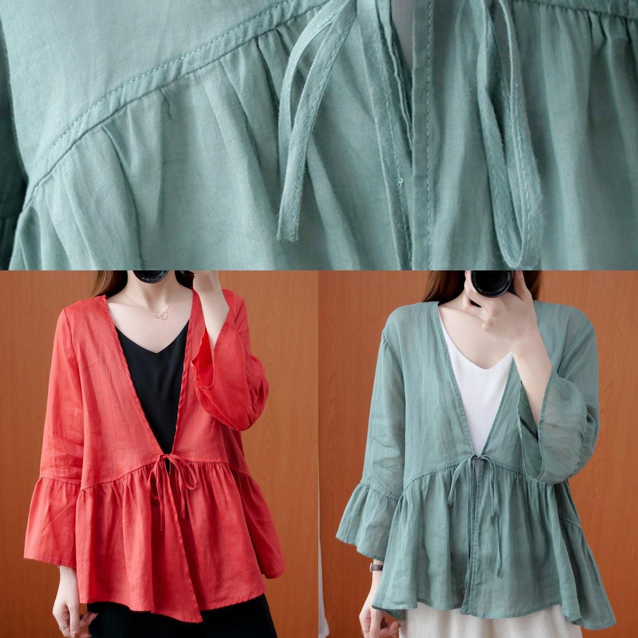 Red Tunics for V Neck Ruffles Loose Summer Blouses