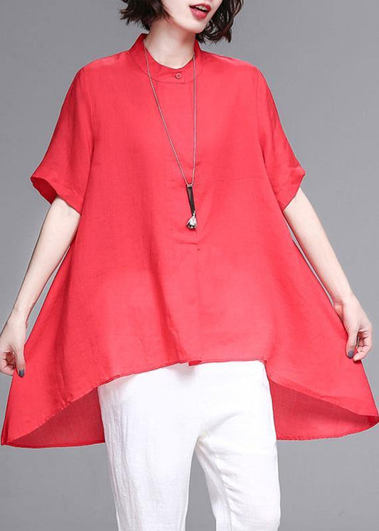 Stand Collar Asymmetric Cotton Red Box Blouse Summer