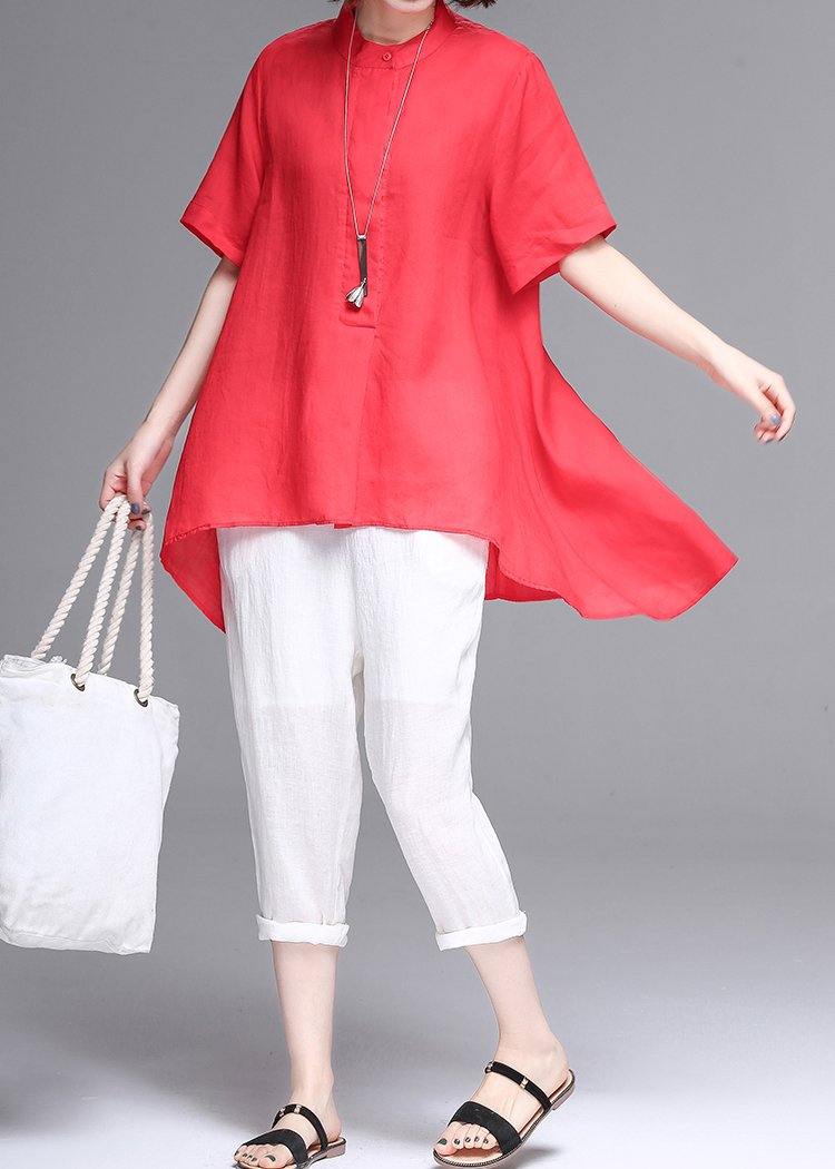 Stand Collar Asymmetric Cotton Red Box Blouse Summer