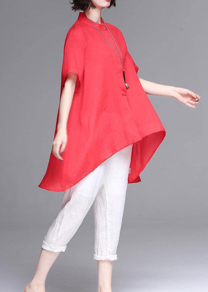 Stand Collar Asymmetric Cotton Red Box Blouse Summer