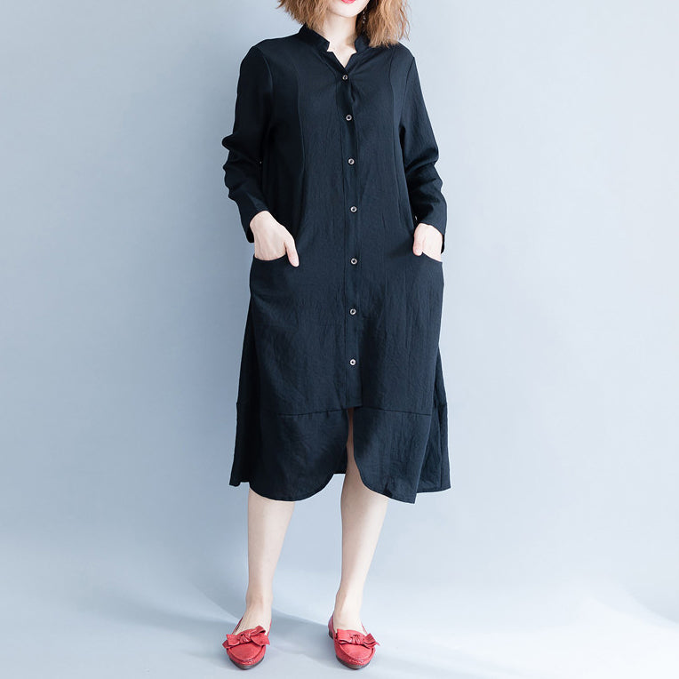Stand Collar Cotton Tunics Wardrobes Black Oversized Dress