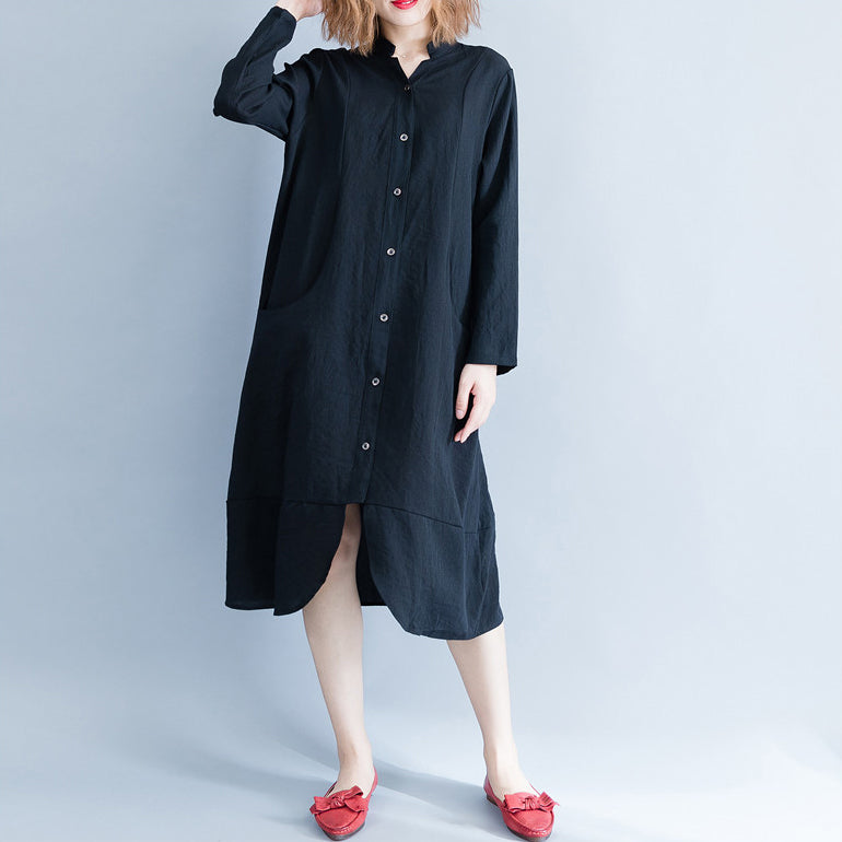 Stand Collar Cotton Tunics Wardrobes Black Oversized Dress