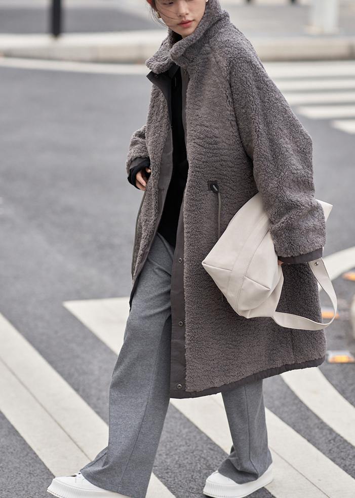 Stand Collar Drawstring Clothes for Gray Chocolate Daily Outwear