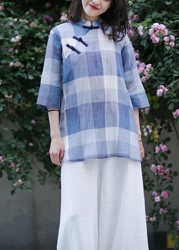 Stand Collar Linen Top Silhouette Sewing Blue Plaid Tops