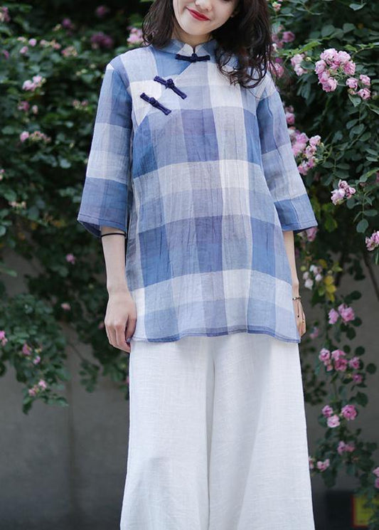 Stand Collar Linen Top Silhouette Sewing Blue Plaid Tops