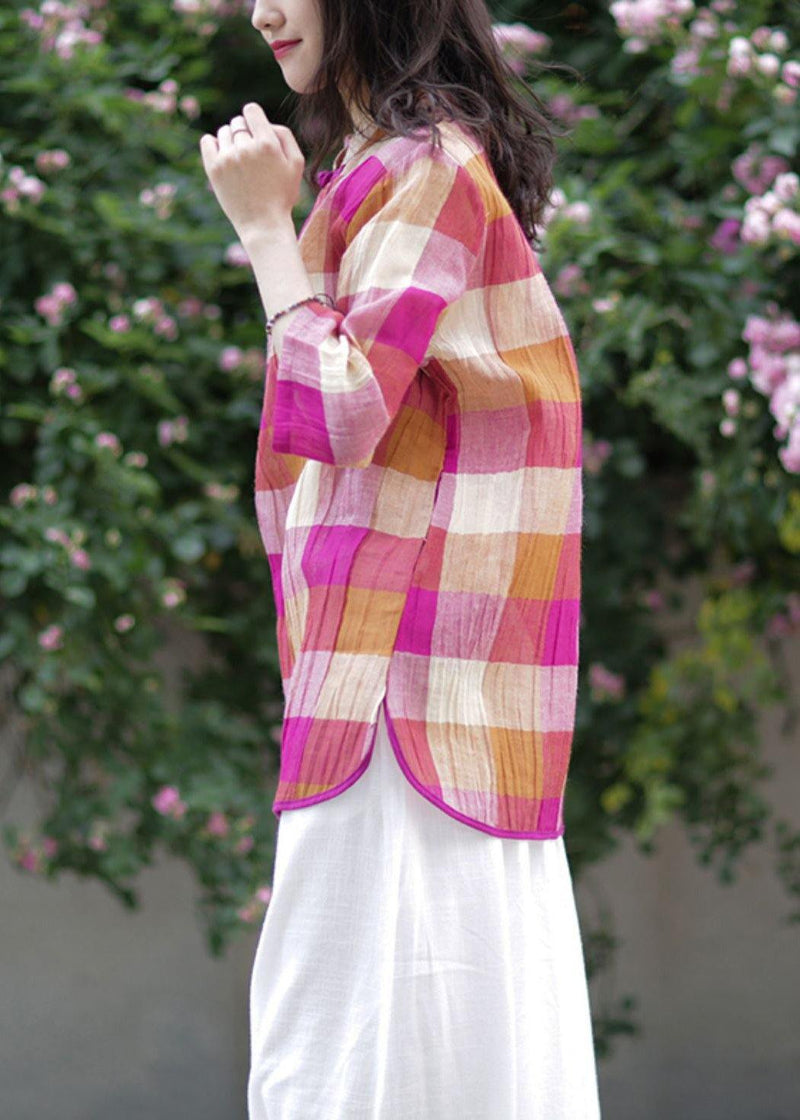 Stand Collar Linen Top Silhouette Sewing Blue Plaid Tops