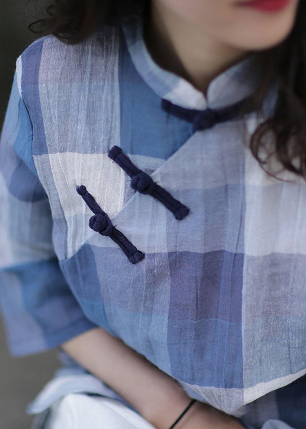 Stand Collar Linen Top Silhouette Sewing Blue Plaid Tops